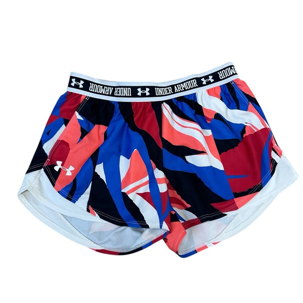 Under Armour Red and Blue Athletic Shorts with Geometric Pattern